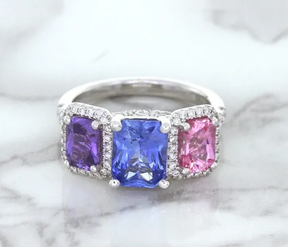 Multicolor Sapphire Ring with Diamond Halo in 18K White Gold