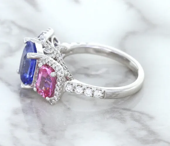 Multicolor Sapphire Ring with Diamond Halo in 18K White Gold
