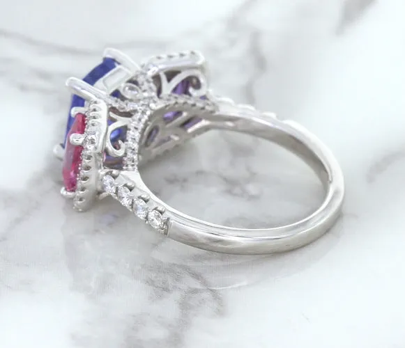 Multicolor Sapphire Ring with Diamond Halo in 18K White Gold