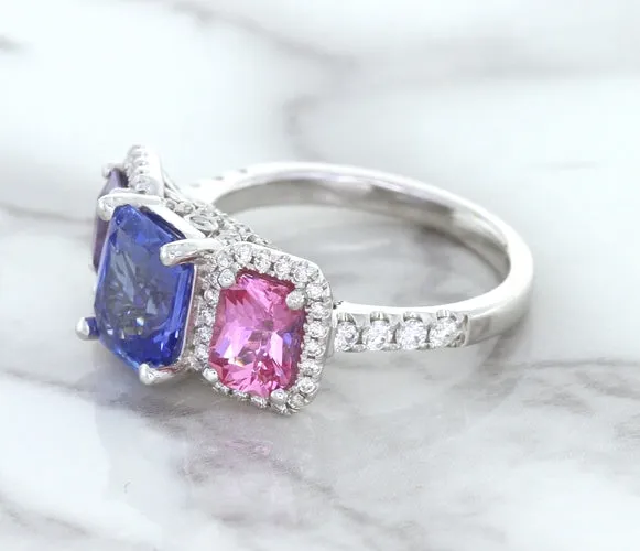 Multicolor Sapphire Ring with Diamond Halo in 18K White Gold