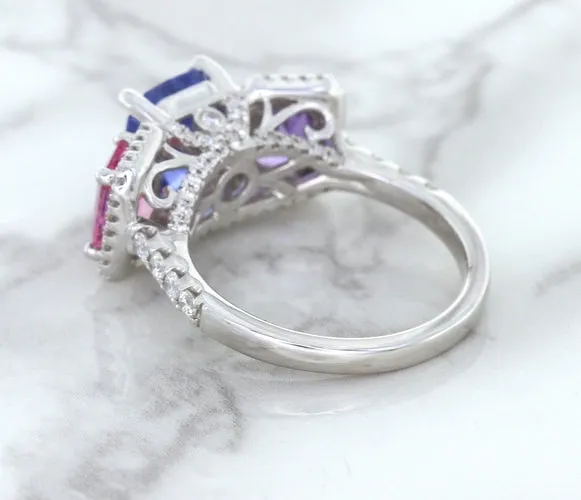 Multicolor Sapphire Ring with Diamond Halo in 18K White Gold