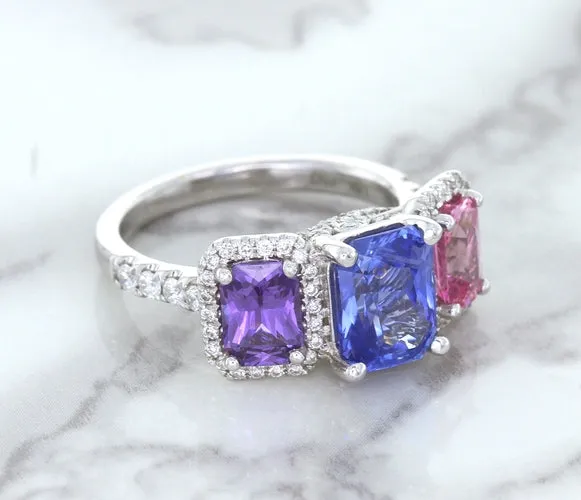 Multicolor Sapphire Ring with Diamond Halo in 18K White Gold