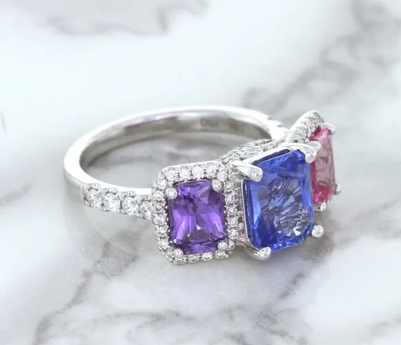 Multicolor Sapphire Ring with Diamond Halo in 18K White Gold