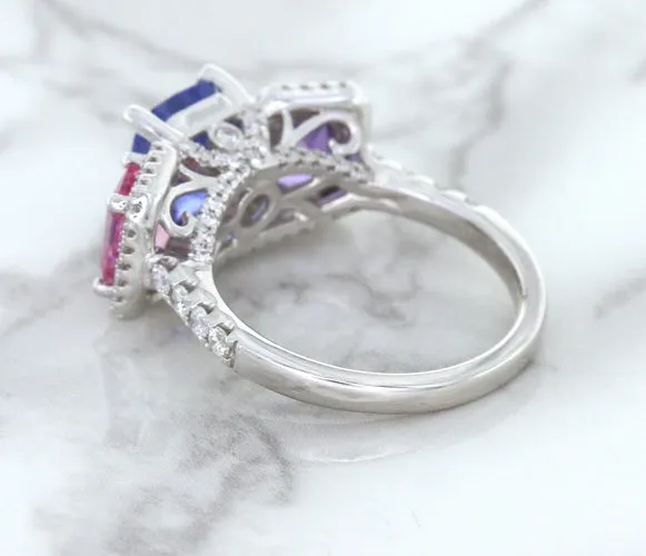 Multicolor Sapphire Ring with Diamond Halo in 18K White Gold