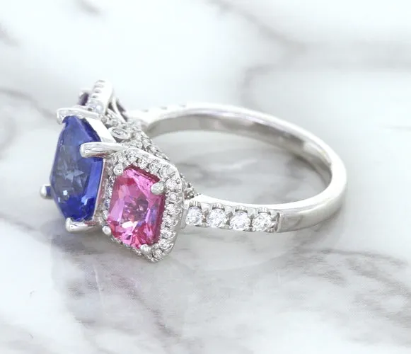 Multicolor Sapphire Ring with Diamond Halo in 18K White Gold
