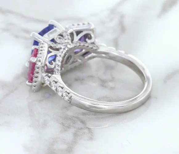 Multicolor Sapphire Ring with Diamond Halo in 18K White Gold