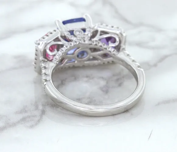 Multicolor Sapphire Ring with Diamond Halo in 18K White Gold