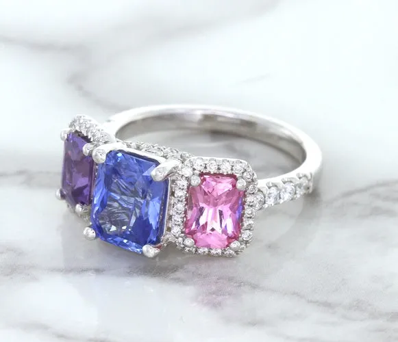 Multicolor Sapphire Ring with Diamond Halo in 18K White Gold