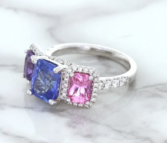 Multicolor Sapphire Ring with Diamond Halo in 18K White Gold