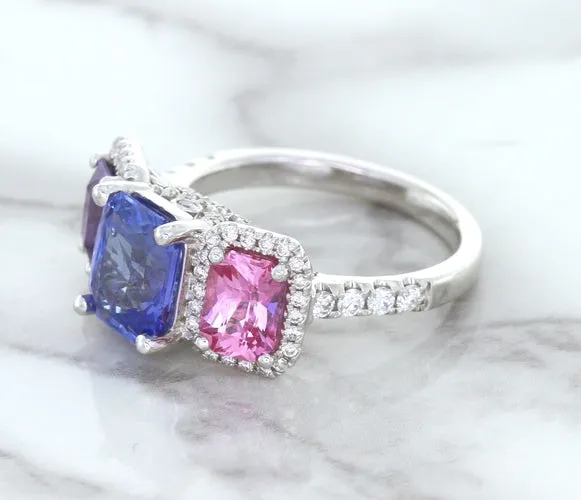 Multicolor Sapphire Ring with Diamond Halo in 18K White Gold