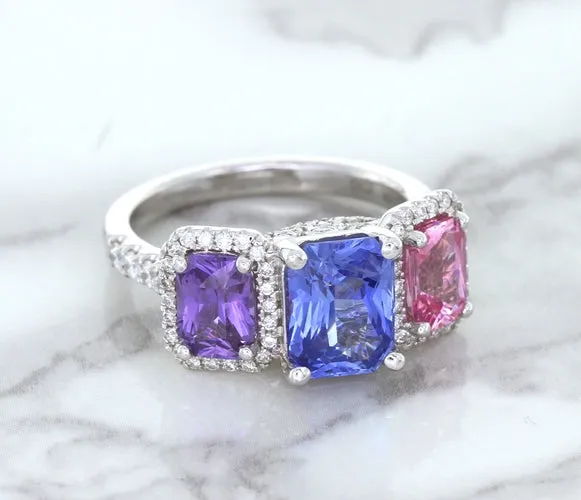 Multicolor Sapphire Ring with Diamond Halo in 18K White Gold