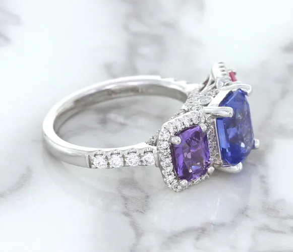 Multicolor Sapphire Ring with Diamond Halo in 18K White Gold