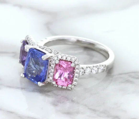 Multicolor Sapphire Ring with Diamond Halo in 18K White Gold