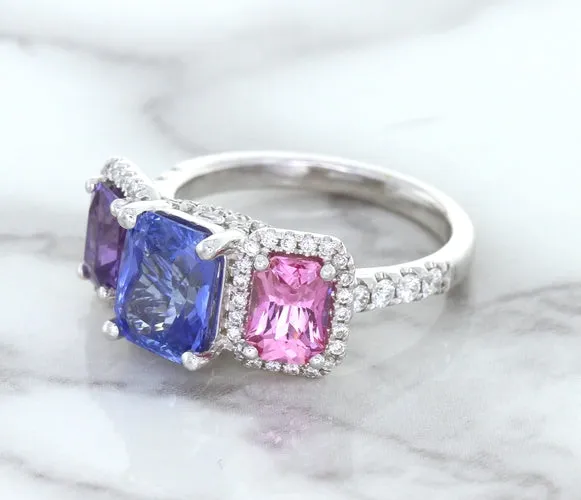 Multicolor Sapphire Ring with Diamond Halo in 18K White Gold