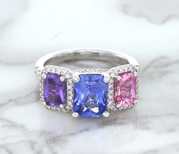 Multicolor Sapphire Ring with Diamond Halo in 18K White Gold