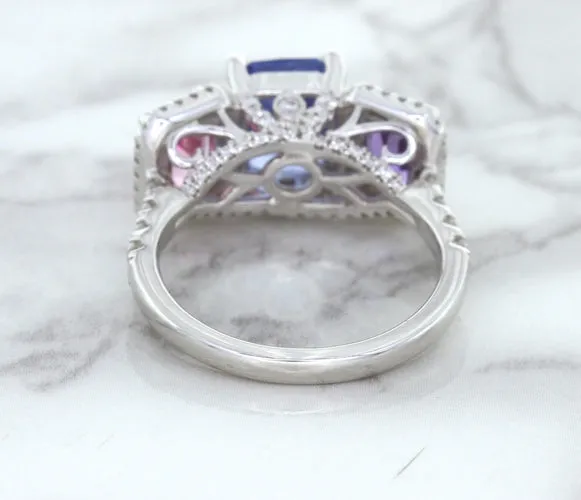 Multicolor Sapphire Ring with Diamond Halo in 18K White Gold