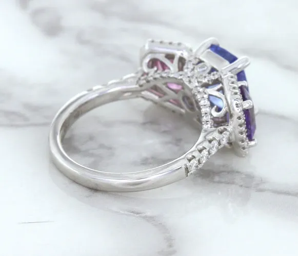Multicolor Sapphire Ring with Diamond Halo in 18K White Gold