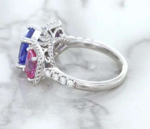 Multicolor Sapphire Ring with Diamond Halo in 18K White Gold