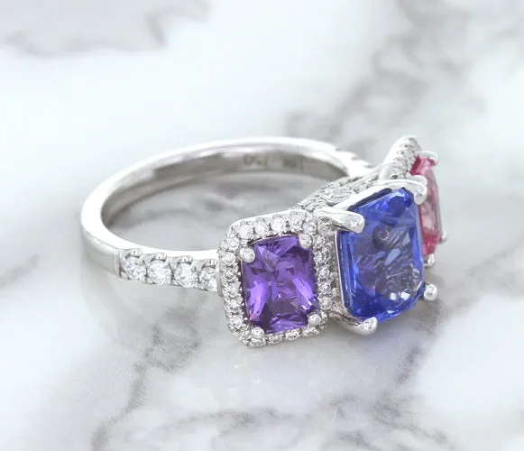 Multicolor Sapphire Ring with Diamond Halo in 18K White Gold