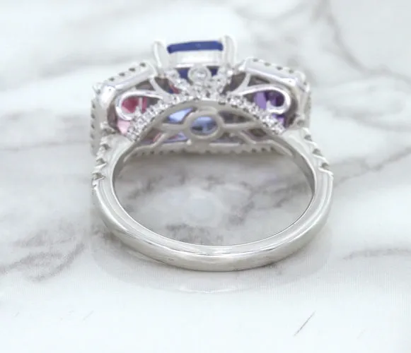 Multicolor Sapphire Ring with Diamond Halo in 18K White Gold