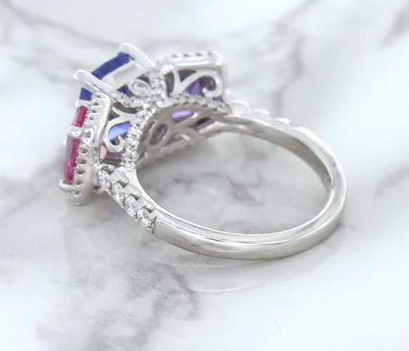 Multicolor Sapphire Ring with Diamond Halo in 18K White Gold