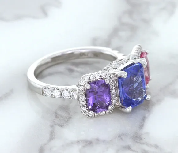 Multicolor Sapphire Ring with Diamond Halo in 18K White Gold
