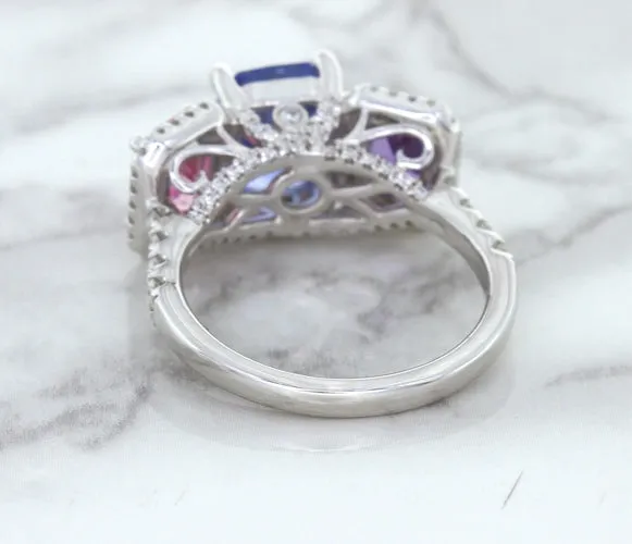 Multicolor Sapphire Ring with Diamond Halo in 18K White Gold
