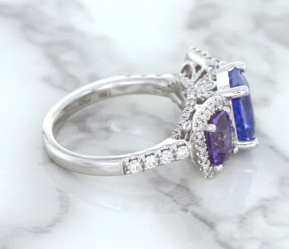 Multicolor Sapphire Ring with Diamond Halo in 18K White Gold