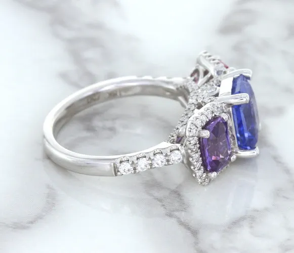 Multicolor Sapphire Ring with Diamond Halo in 18K White Gold
