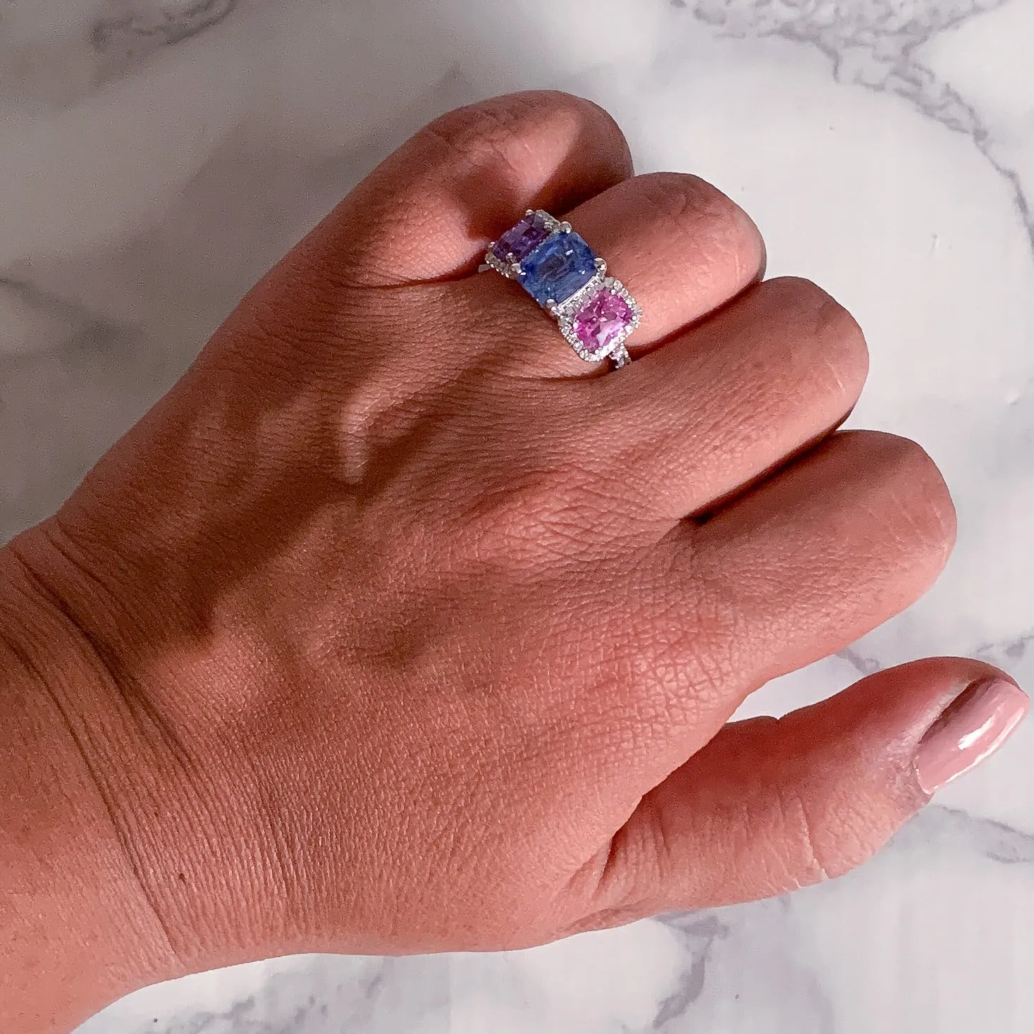 Multicolor Sapphire Ring with Diamond Halo in 18K White Gold