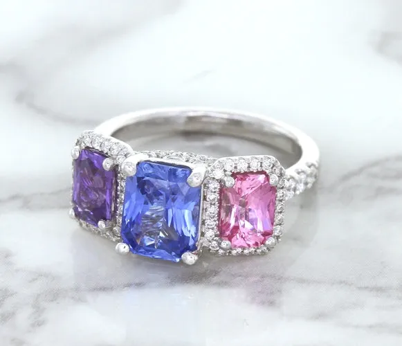 Multicolor Sapphire Ring with Diamond Halo in 18K White Gold