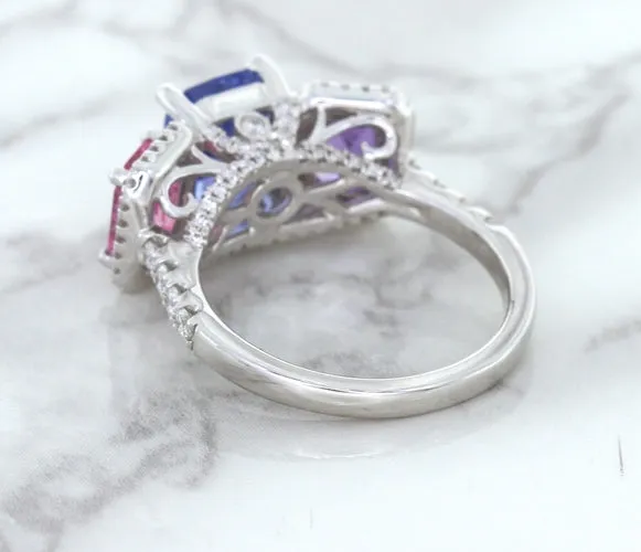 Multicolor Sapphire Ring with Diamond Halo in 18K White Gold
