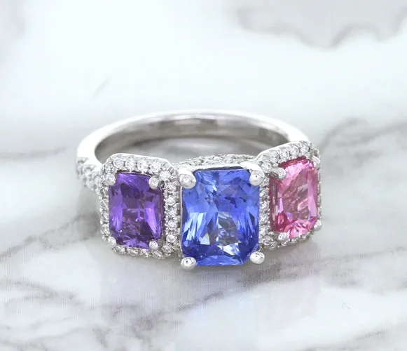 Multicolor Sapphire Ring with Diamond Halo in 18K White Gold
