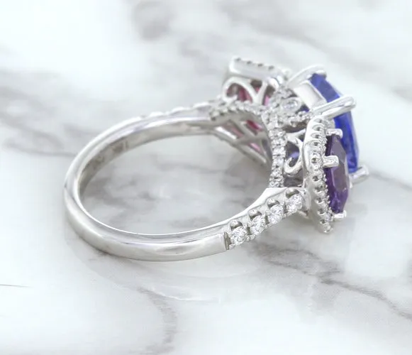 Multicolor Sapphire Ring with Diamond Halo in 18K White Gold