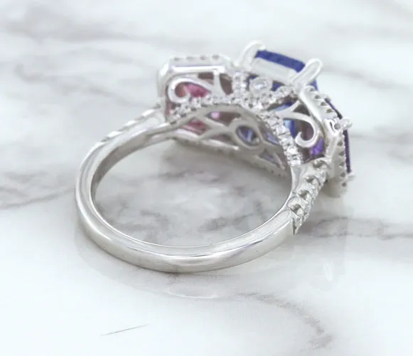 Multicolor Sapphire Ring with Diamond Halo in 18K White Gold