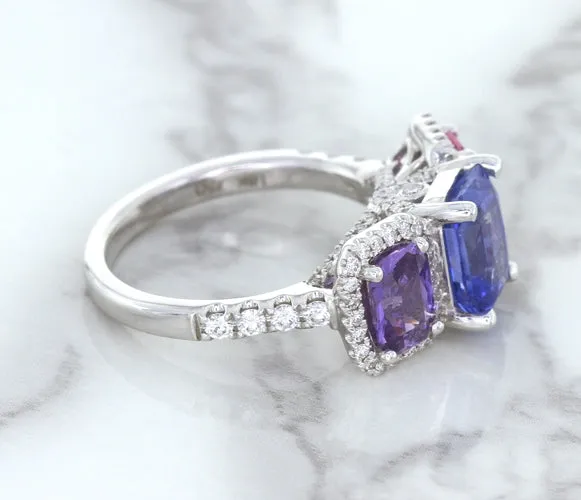 Multicolor Sapphire Ring with Diamond Halo in 18K White Gold