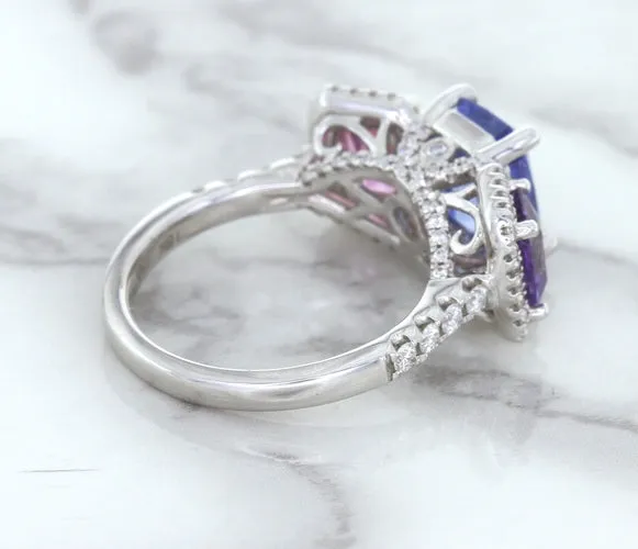 Multicolor Sapphire Ring with Diamond Halo in 18K White Gold