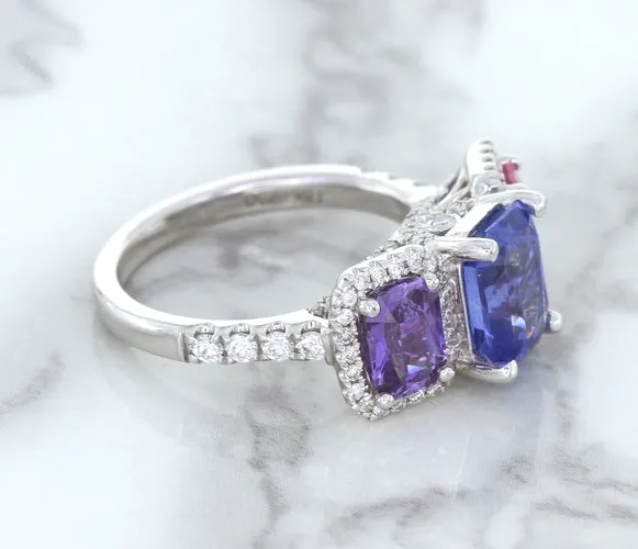 Multicolor Sapphire Ring with Diamond Halo in 18K White Gold