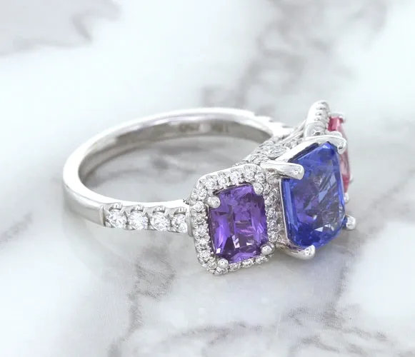 Multicolor Sapphire Ring with Diamond Halo in 18K White Gold