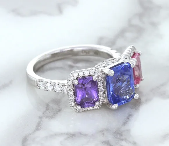 Multicolor Sapphire Ring with Diamond Halo in 18K White Gold