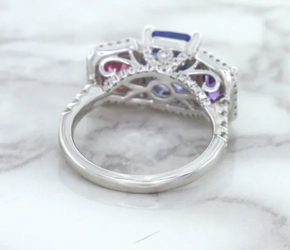 Multicolor Sapphire Ring with Diamond Halo in 18K White Gold