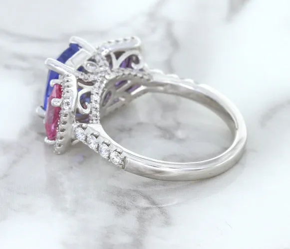 Multicolor Sapphire Ring with Diamond Halo in 18K White Gold