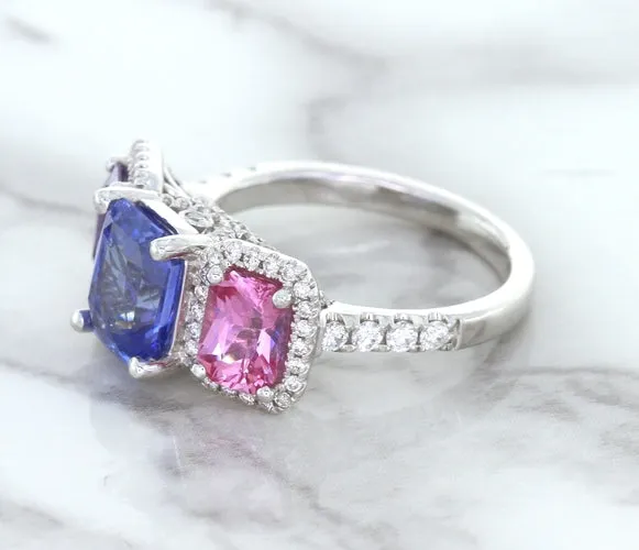 Multicolor Sapphire Ring with Diamond Halo in 18K White Gold