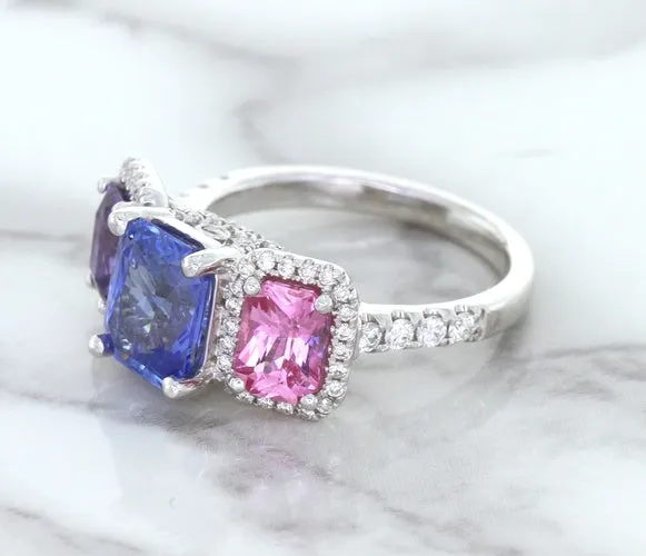 Multicolor Sapphire Ring with Diamond Halo in 18K White Gold
