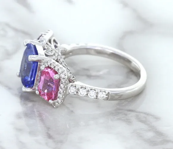 Multicolor Sapphire Ring with Diamond Halo in 18K White Gold