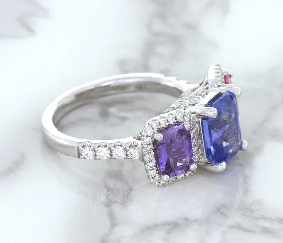Multicolor Sapphire Ring with Diamond Halo in 18K White Gold