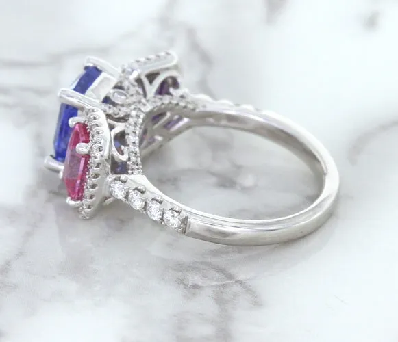 Multicolor Sapphire Ring with Diamond Halo in 18K White Gold