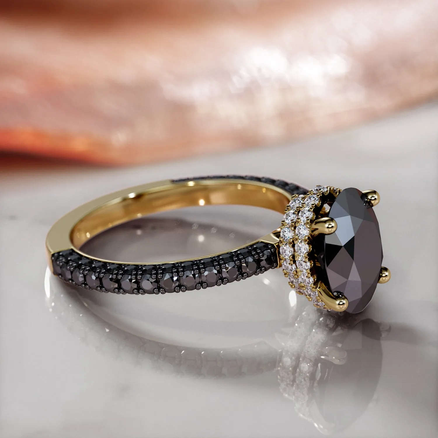 Musta Magia - Black Diamond  Natural Black Diamond Oval Engagement Ring  in Yellow Gold