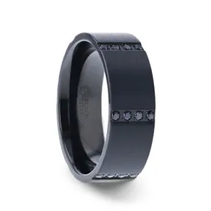 MYSTERIOUS Flat Brushed Black Titanium Men's Wedding Ring With 6 Sets of Quadruple Black Sapphires In Horizontal Channels