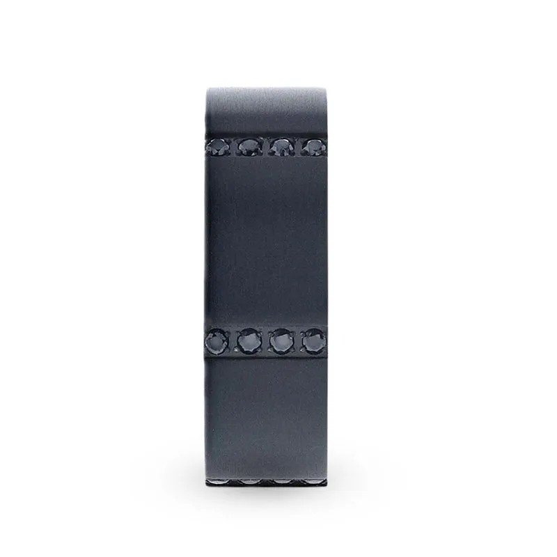 MYSTERIOUS Flat Brushed Black Titanium Men's Wedding Ring With 6 Sets of Quadruple Black Sapphires In Horizontal Channels